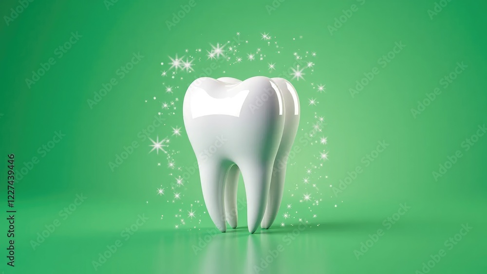 Glossy white tooth close-up with sparkles on green background Glossy white tooth close-up with sparkles on green background