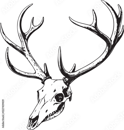 Deer Skull Death of Animal Sketch Drawing Engraving Hand Drawn Linear Line Art Vector Illustration, Black and White, Isolated on White