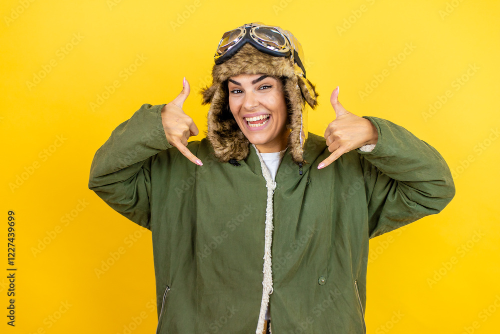 Fototapeta premium Young beautiful aviator woman wearing vintage pilot helmet with glasses and jacket over yellow background shouting with crazy expression doing rock symbol with hands up