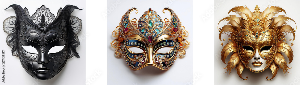 Three ornate Venetian masquerade masks; black, gold, and multicolored. Each displays unique embellishments and designs. Three ornate Venetian masquerade masks; black, gold, and multicolored. Each displays unique embellishments and designs.