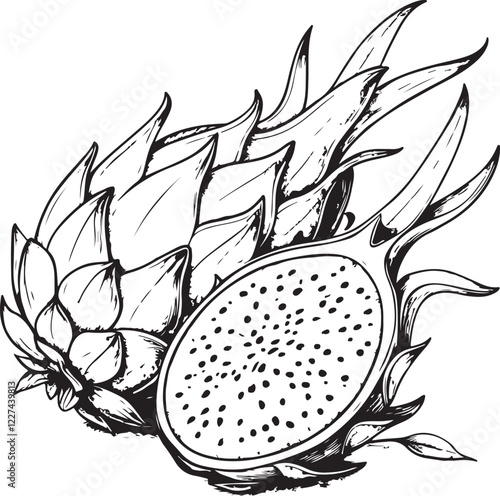 Dragon Fruit Exotic Tropical Fruits Sketch Drawing Engraving Hand Drawn Linear Line Art Vector Illustration, Black and White, Isolated on White