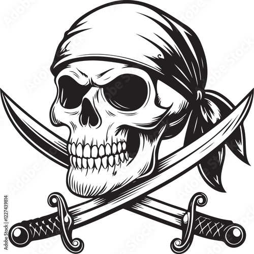 Pirate Skull Sketch Drawing Engraving Hand Drawn Linear Line Art Vector Illustration, Black and White, Isolated on White