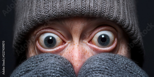 Close-up Photograph of a Person Wearing a Knit Hat and Gloves, Showing Dilated Eyes photo