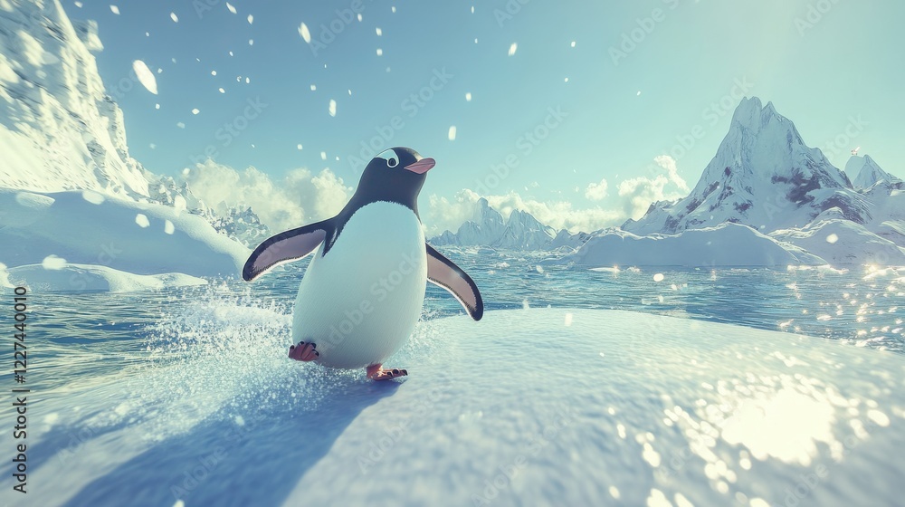 Obraz premium A playful penguin waddling on icy terrain, surrounded by snow-covered mountains.