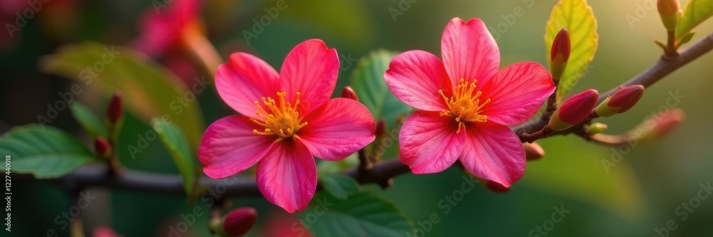 Maroon and yellow tree flower in full bloom on a branch with leaves, botanical, bloom Maroon and yellow tree flower in full bloom on a branch with leaves, botanical, bloom