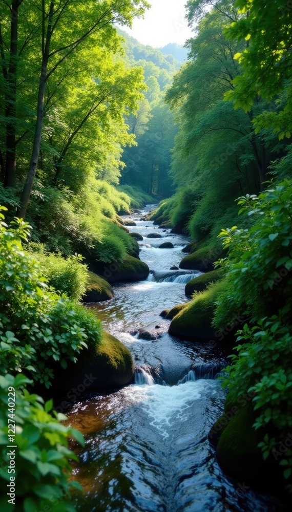River flowing through a dense thicket of bushes and trees, nature, wildlife River flowing through a dense thicket of bushes and trees, nature, wildlife