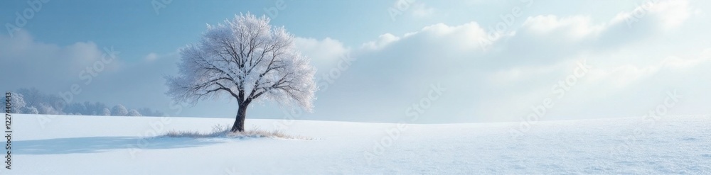Snowy field with a lone kahler tree bent under snow load, frost, cold weather, evergreen Snowy field with a lone kahler tree bent under snow load, frost, cold weather, evergreen