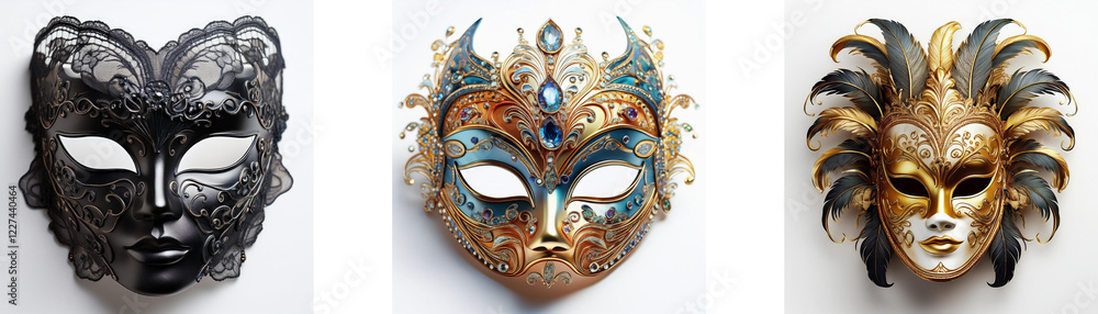 Naklejka premium Three ornate masquerade masks, each with unique design and color, displayed against a plain background.