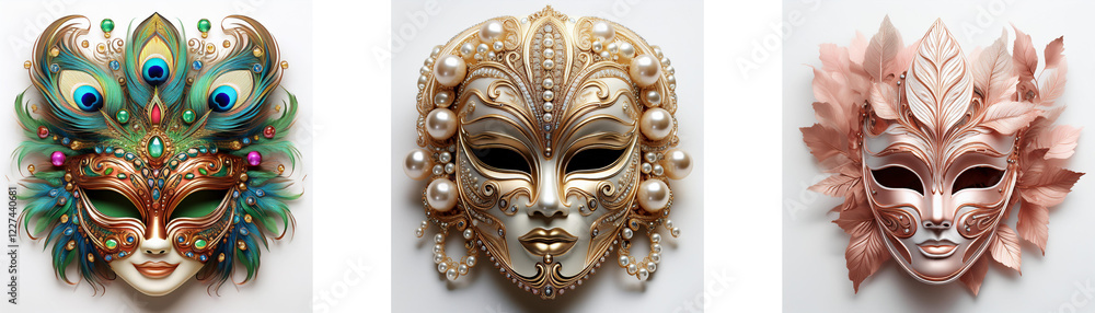 Three ornate Venetian masks; one adorned with peacock feathers, another with floral embellishments, and a third in a soft pink hue. Each mask displays unique artistry and craftsmanship. Three ornate Venetian masks; one adorned with peacock feathers, another with floral embellishments, and a third in a soft pink hue. Each mask displays unique artistry and craftsmanship.