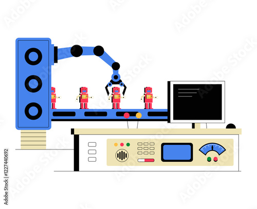Robotic Arm on Assembly Line in Flat Vector Illustration Symbolizing Automation, Manufacturing, and Robotics, Isolated on White Background