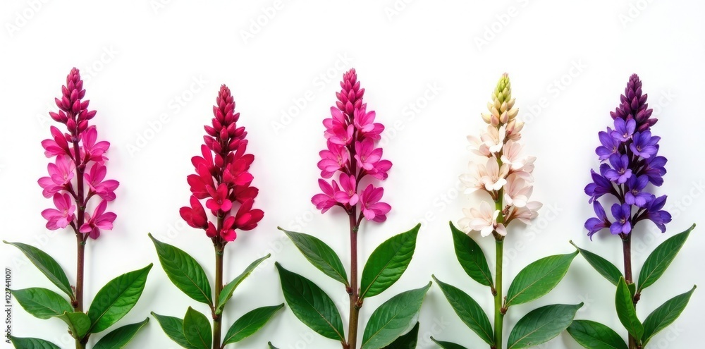 Row of Salvia flowers against a plain white background, whites, flowers, leaves Row of Salvia flowers against a plain white background, whites, flowers, leaves