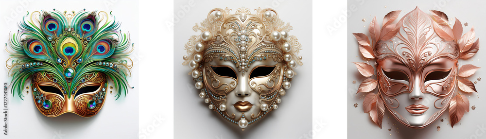 Naklejka premium Three ornate Venetian masks, each with unique embellishments and color palettes. One features peacock feathers, another has a textured, light-colored design, and the third is a rose-gold hue.