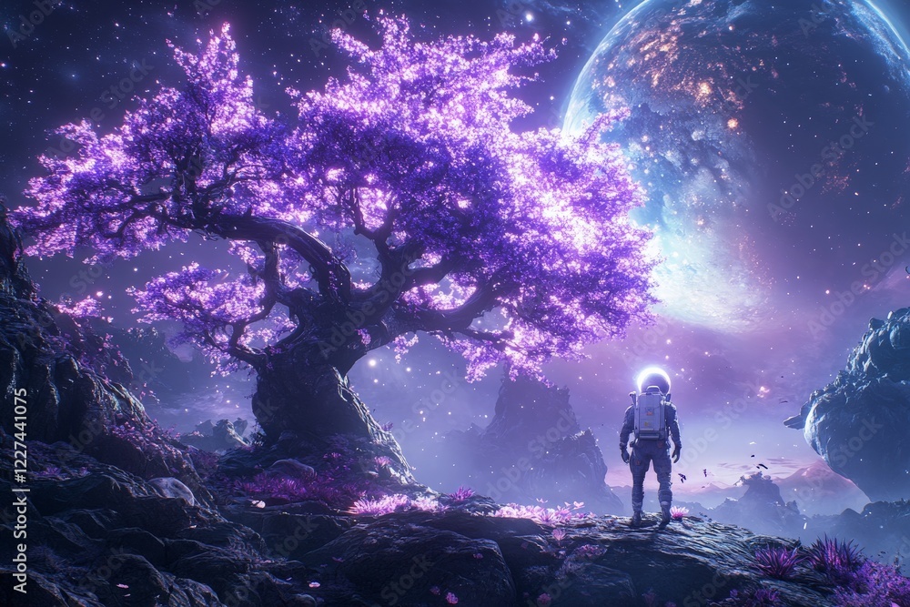 Astronaut explores vibrant alien landscape under a glowing tree and distant planetary formations Astronaut explores vibrant alien landscape under a glowing tree and distant planetary formations