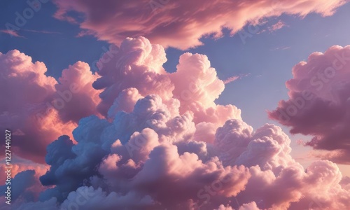 Soft pink and blue clouds float gently in the sky at sunset, warm colors, natural scenery, daytime scene