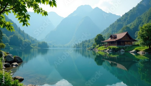 Serene lake scene with Shangrila Resort in the background, peaceful ambiance, shangrila resort, tranquil atmosphere photo