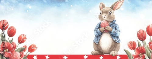 Background composition of Easter Day frame in watercolor concept. Whimsical rabbit in a blue jacket holding an egg among tulips