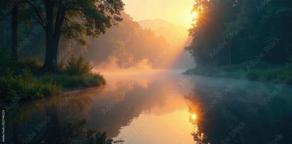 Naklejka premium Shimmering water surface reflected in a misty forest at dawn, soft light, atmosphere
