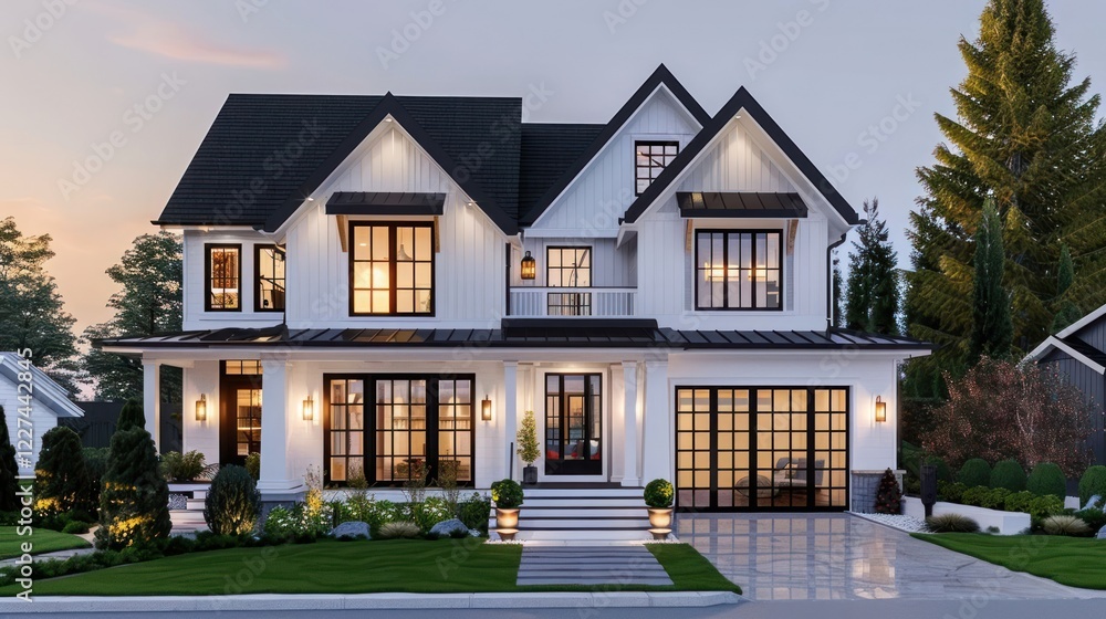 Elegant modern house with landscaped garden at sunset, showcasing stylish architecture and lighting Elegant modern house with landscaped garden at sunset, showcasing stylish architecture and lighting