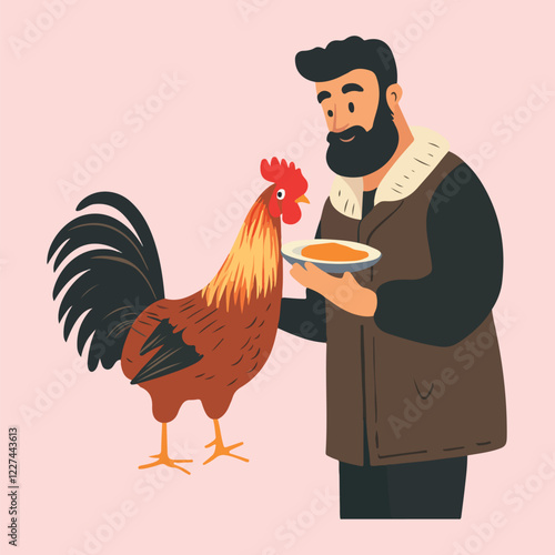 male farmer with feeding hen vector illustration