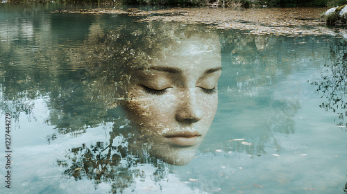 exposure of a person’s closed eyes blending with a tranquil lake, representing meditation, serenity, and the deep reflection of the soul 