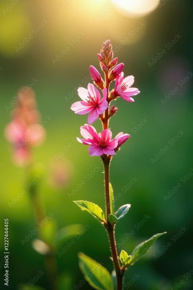 sprig of Ononis Arvensis with pink blooms in sunlight, light, greenery, plant sprig of Ononis Arvensis with pink blooms in sunlight, light, greenery, plant