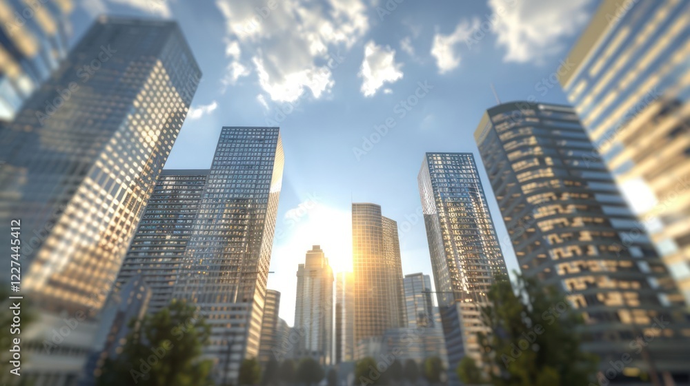 Fototapeta premium A vibrant city skyline at sunset, showcasing towering skyscrapers and a clear blue sky