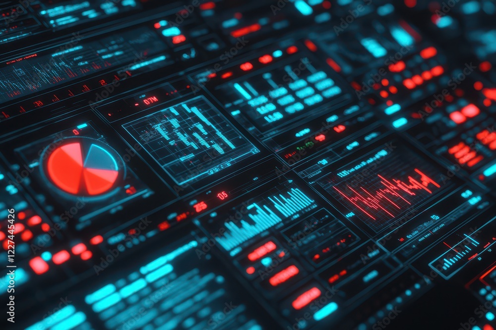 Obraz premium Close-up of glowing pie chart and bar graphs, red and blue neon, cyberpunk style, dark background, investment visualization