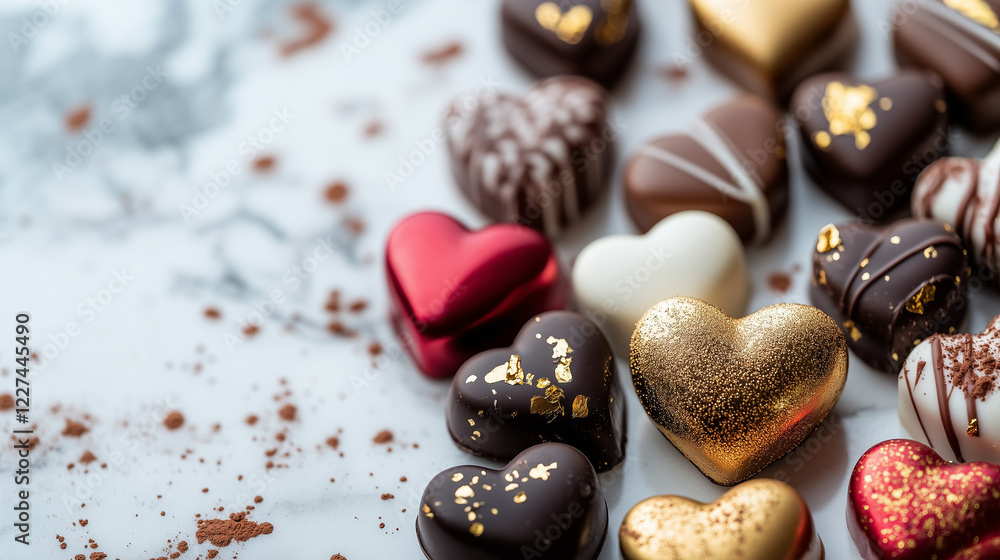 Luxurious assortment of heart-shaped chocolates with gold and ruby accents, gourmet artisan confectionery, premium fine chocolate, elegant dessert presentation, perfect for Valentine's Day marketing Luxurious assortment of heart-shaped chocolates with gold and ruby accents, gourmet artisan confectionery, premium fine chocolate, elegant dessert presentation, perfect for Valentine's Day marketing