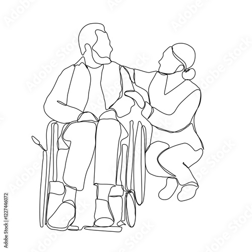 Continuous line drawing of professional caregiver assisting senior man or woman in wheelchair. Wheelchair disability, rehabilitation line art.