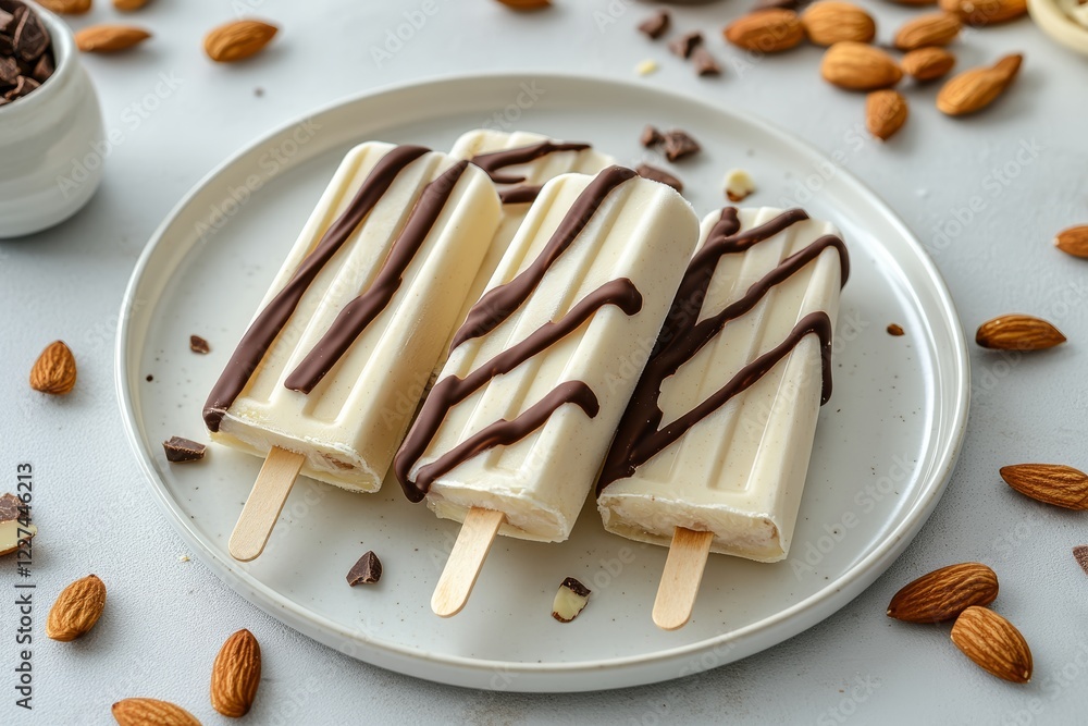 Fototapeta premium Vanilla popsicles with chocolate drizzle and almonds on plate