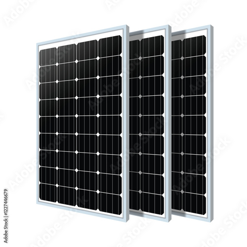 Three sleek solar panels with black photovoltaic cells and white frames, arranged in a slightly staggered formation. Showcasing efficient renewable energy technology for sustainable power solutions.