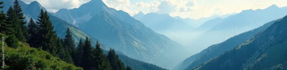 Fototapeta premium Towering pines blanket a rugged mountainside, mist swirling in valleys below , clouds, vast, mystical