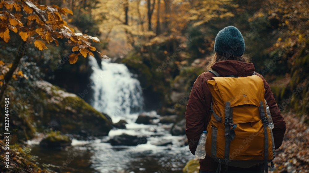 Obraz premium A traveler enjoys the vibrant autumn scenery by a peaceful waterfall and flowing stream, surrounded by colorful leaves and trees.