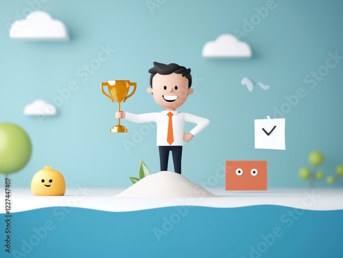 CEO standing in quicksand holding a sinking trophy, [failed leadership], [symbolizing unachieved goals]. photo