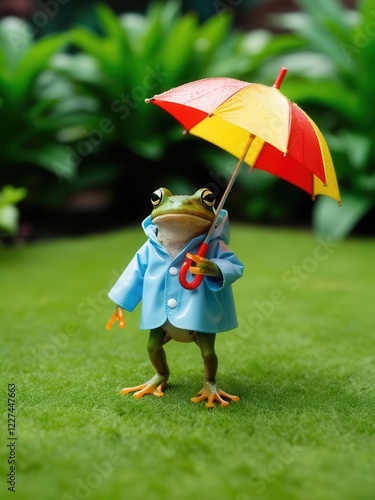 A whimsical frog dressed in a blue coat, holding a colorful umbrella, standing on lush green grass. photo