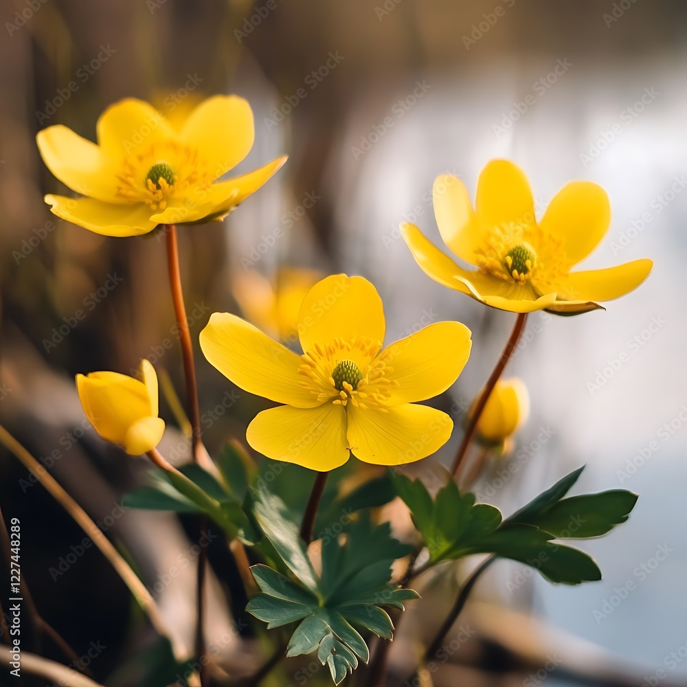 Water reflections enhance yellow flower beauty scene. Water reflections enhance yellow flower beauty scene.