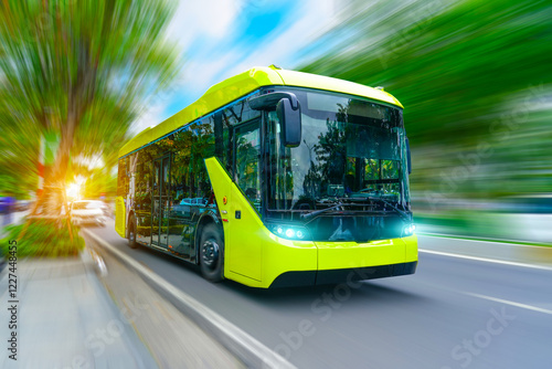 Electric bus with headlights on drive down the street in motion blur speed effect among trees photo