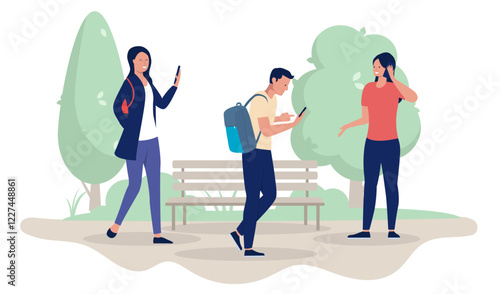 People using phones outdoors - Casual man and women walking and standing in park or nature using and looking at mobile devices. Flat design vector illustration on white background