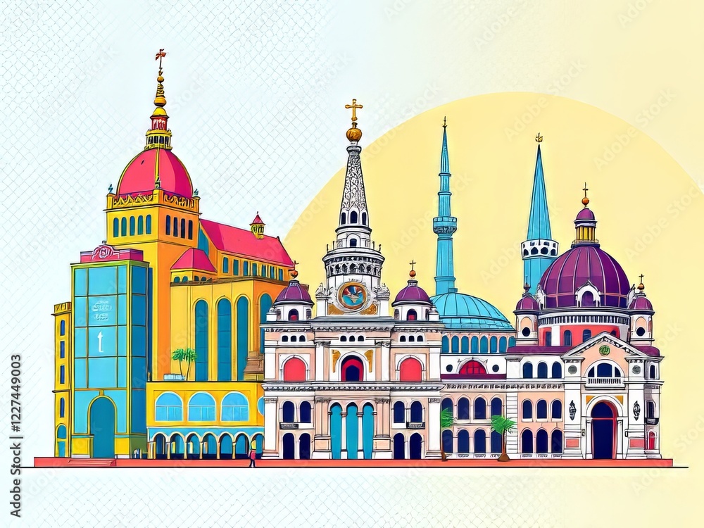 Obraz premium Vibrant Hand-Painted Architectural Landmark Patterns