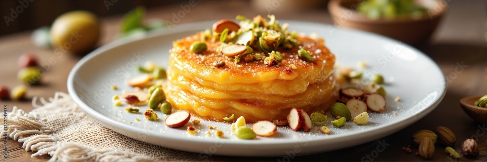 Sweet layered dessert with honey and pistachios on a white plate Sweet layered dessert with honey and pistachios on a white plate