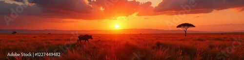 Long shadows stretch across the savannah as the sun dips below the horizon, sky, clouds photo