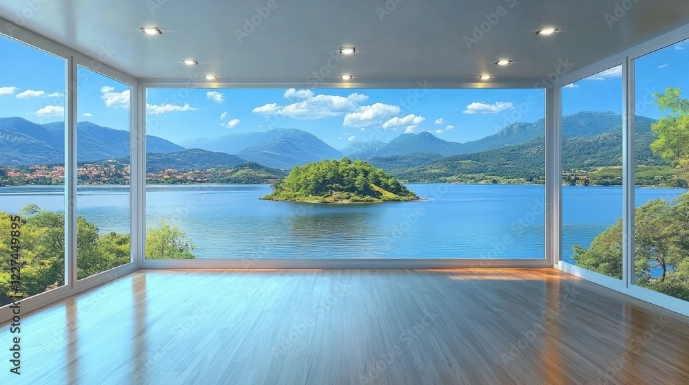 Fototapeta premium Modern spacious room with large windows showcasing breathtaking views of serene water and distant mountains under bright blue sky