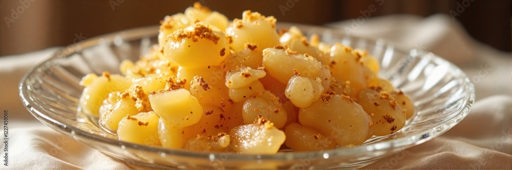 Sweet caramelized diced apples in a glass bowl with warm lighting Sweet caramelized diced apples in a glass bowl with warm lighting