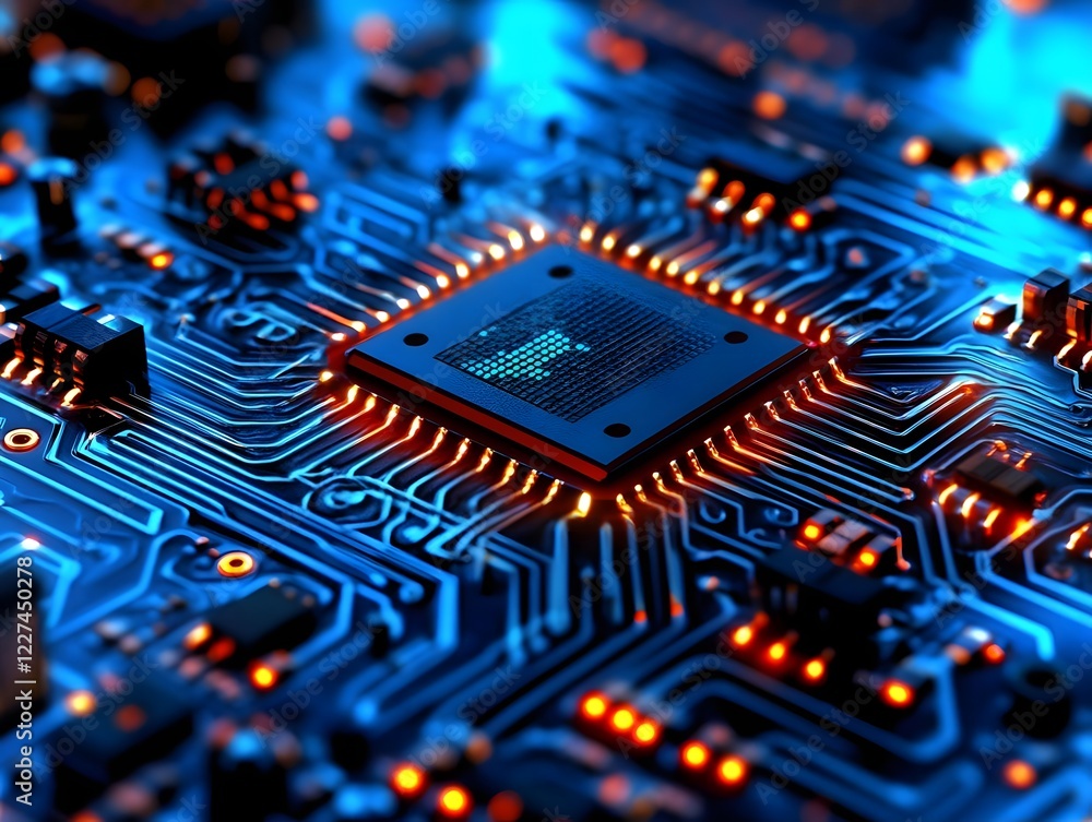 A close-up of a computer circuit board with glowing components and a central processor. A close-up of a computer circuit board with glowing components and a central processor.