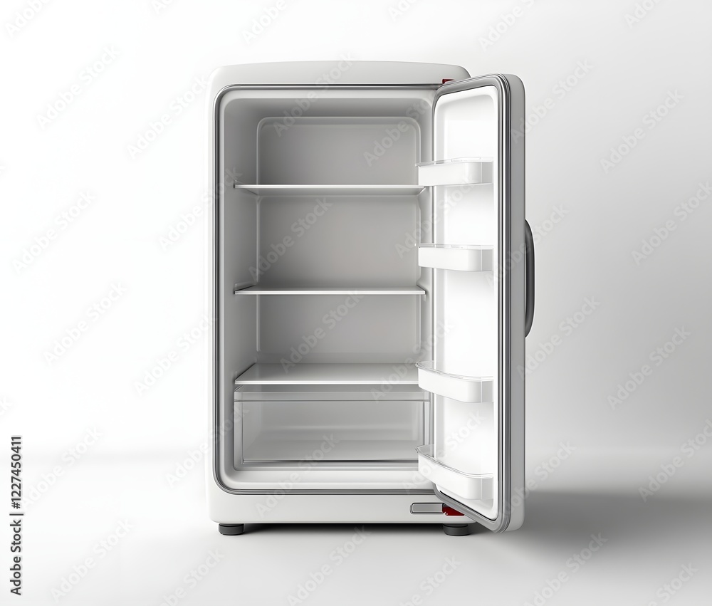 Minimalist Empty Open White Refrigerator 3D Rendering with Bright Lighting and Sharp Focus Minimalist Empty Open White Refrigerator 3D Rendering with Bright Lighting and Sharp Focus