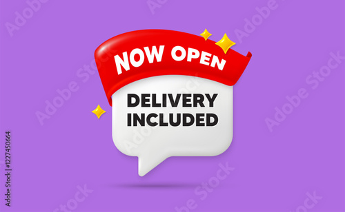 Delivery included chat speech bubble. Now open flag ribbon. Delivery included tag. Free shipping sign. Special offer symbol. 3d sparkle stars speech bubble. Vector