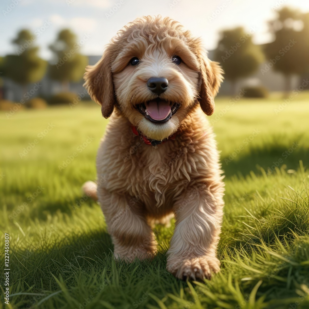 Happy Labradoodle puppy playing on soft grass, playful dog, free to roam Happy Labradoodle puppy playing on soft grass, playful dog, free to roam