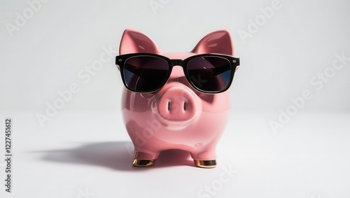 A stylish pink piggy bank wearing sunglasses, symbolizing savings and financial wellness. photo