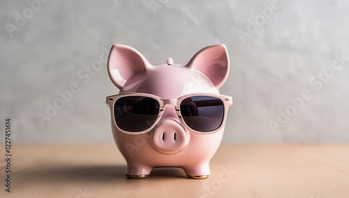 A stylish piggy bank wearing sunglasses, symbolizing fun savings and financial freedom. photo