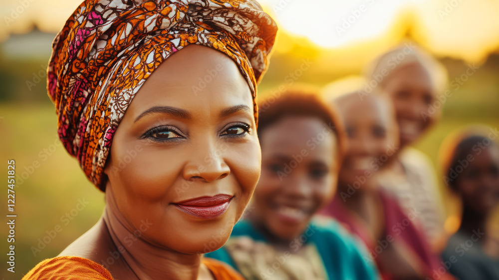 Obraz premium Beautiful African Woman Smiling in Colorful Headwrap with Friends in Nature During Golden Hour